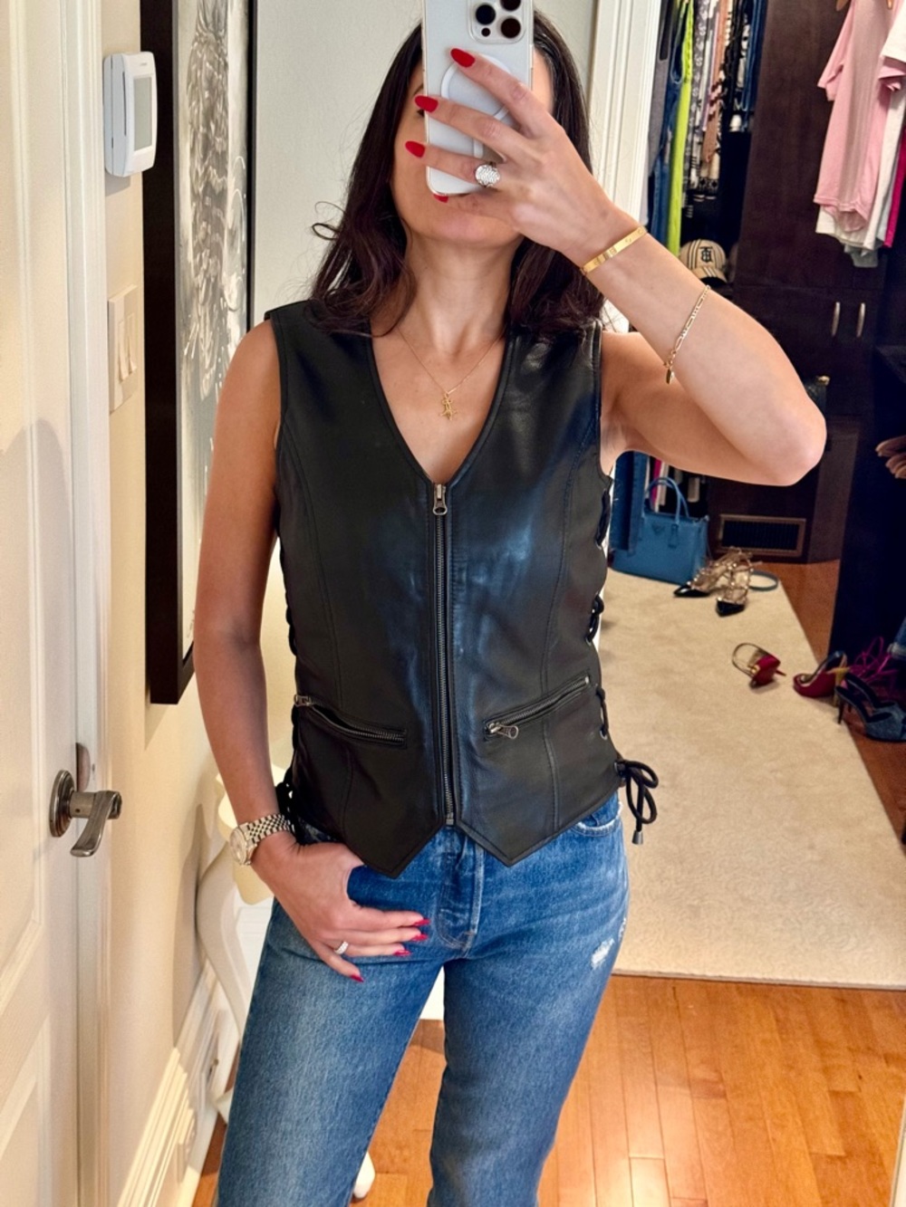 NWT Sleeveless Black Leather Zip-Front Vest